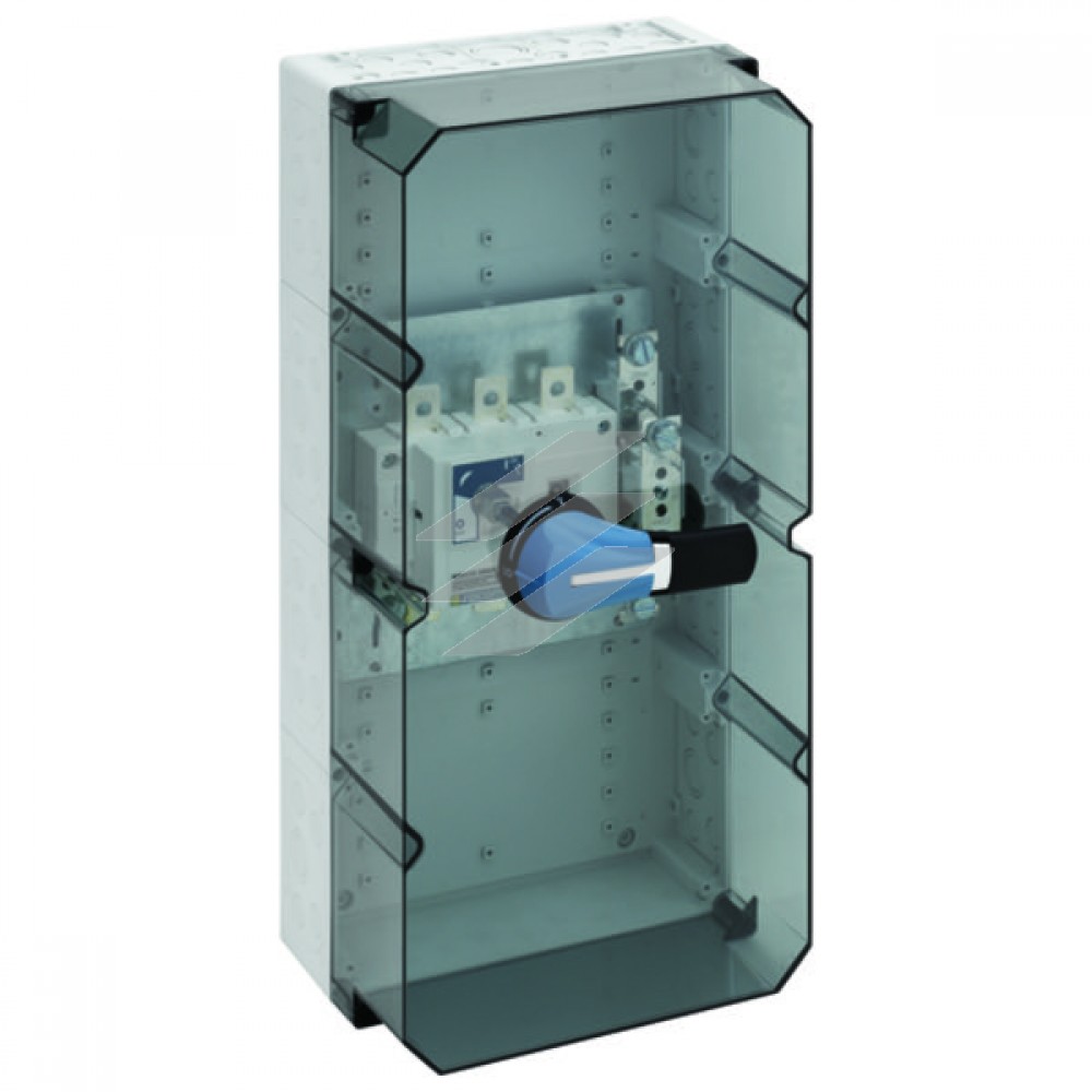 Корпус AKi-TE 425 (600х300х210мм) з перемикачем навантаження 3Р 250А, PE/N-клема, дріт 2х50мм², прозорі дверці, IP65, Spelsberg